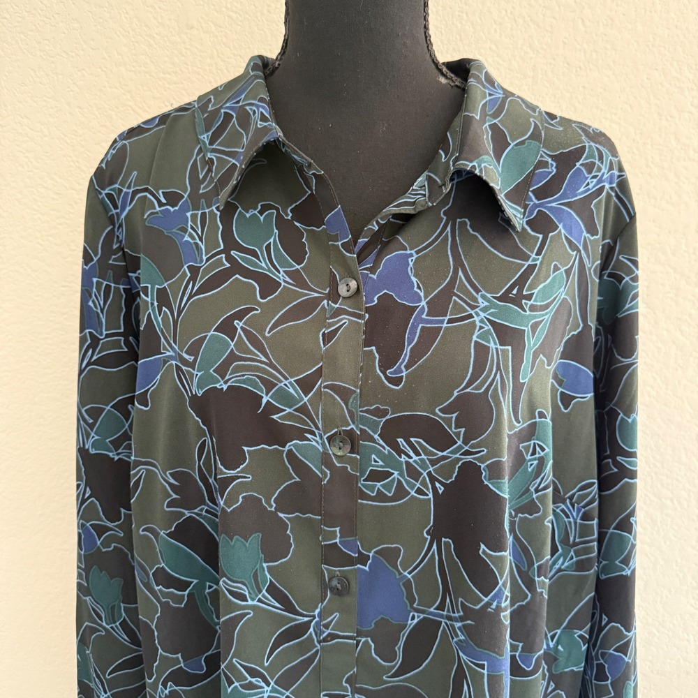 LOGO Lori Goldstein Green Floral Fairy Print Button Down Tunic Top Plus Size 1X - Picture 2 of 7